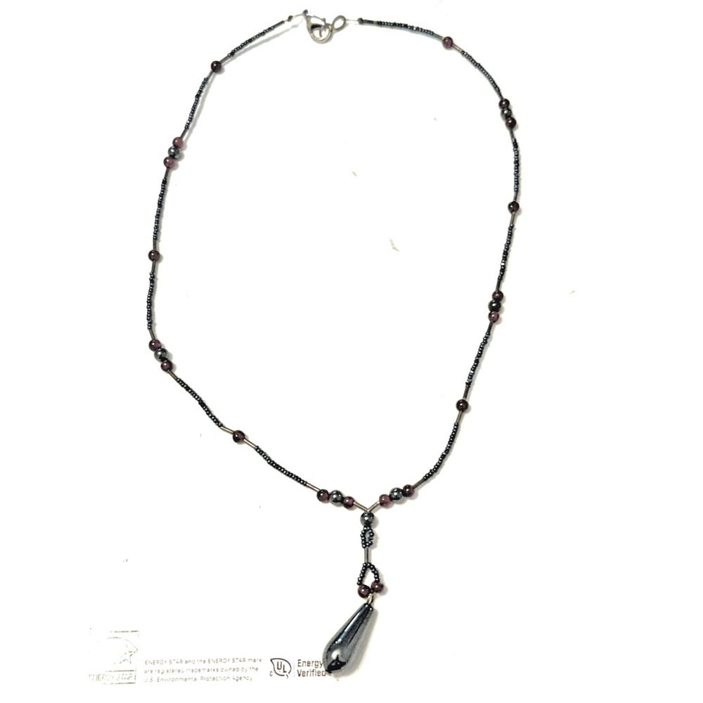 Beaded Teardrop Pendant Y2K Necklace Gray Glass Red Accents Womens Boho Jewelry